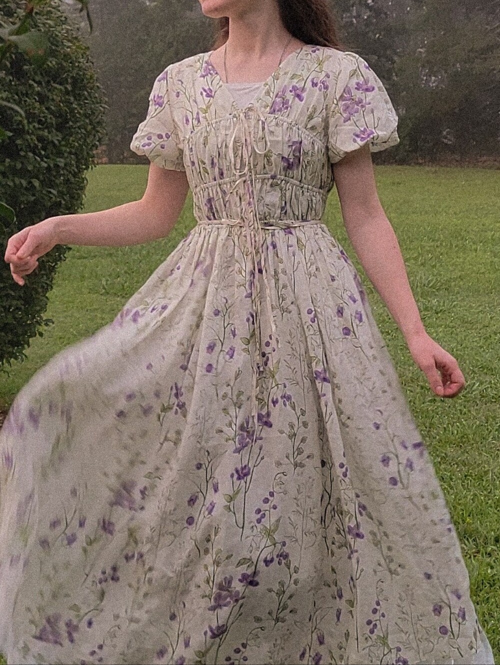 Linennaive Short Sleeve Linen Midi Floral Dress With Lace - Picture 3 of 10